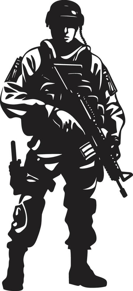 bataille prêt sentinelle armé soldat vecteur emblème combat vigilance noir logo icône de un armé soldat