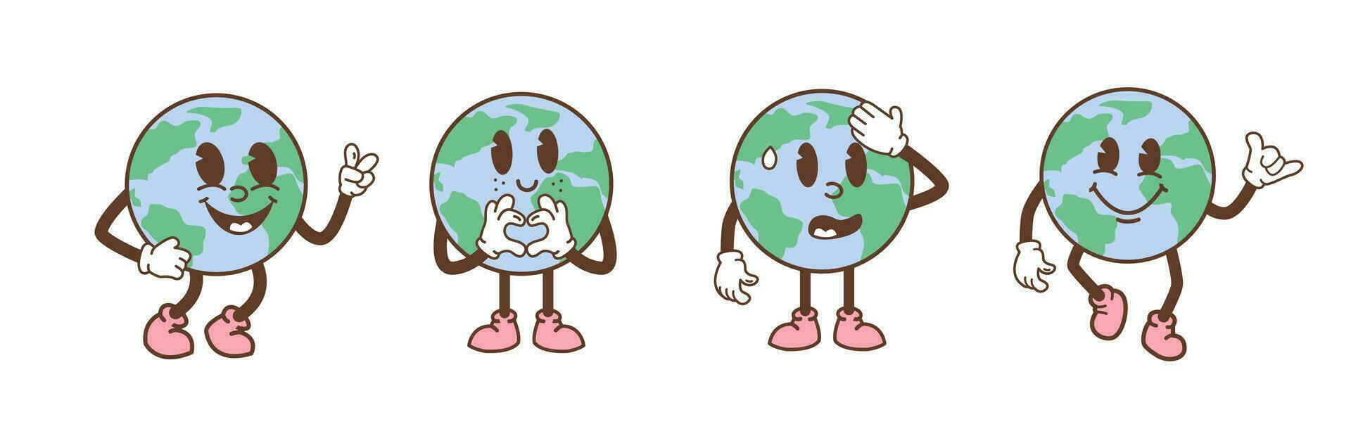 ensemble de Terre personnages dans branché rétro dessin animé style. marrant bande dessinée globe avec différent visage expression. ancien planète mascotte avec bras et jambes. vecteur illustration isolé sur blanc Contexte.