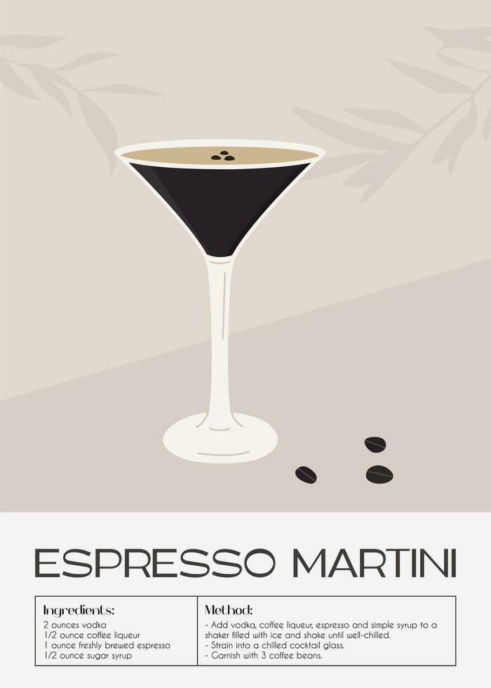 Expresso martini cocktail dans verre garni avec café haricots. rétro impression avec recette de apéritif. mur art affiche avec alcoolique boisson et arbre branche ombres sur Contexte. vecteur illustration.