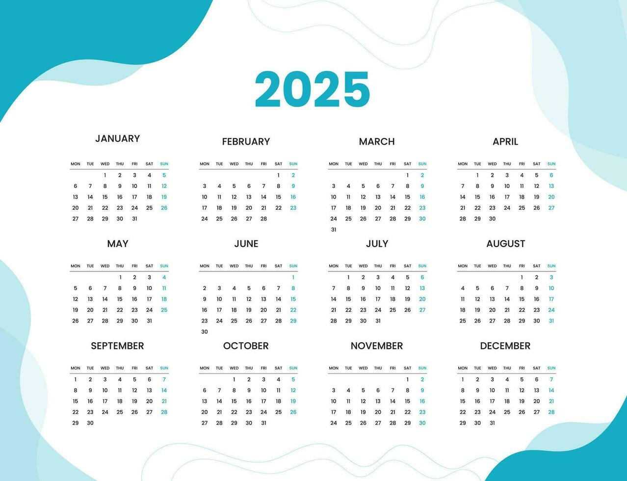 mur calendrier 2025 conception modèle, la semaine départ de lundi. faire le ménage, élégant modèle programme planificateur, abstrait dégradé bleu Couleur luxe concept, parfait utilisation dans Accueil école Université et Bureau vecteur