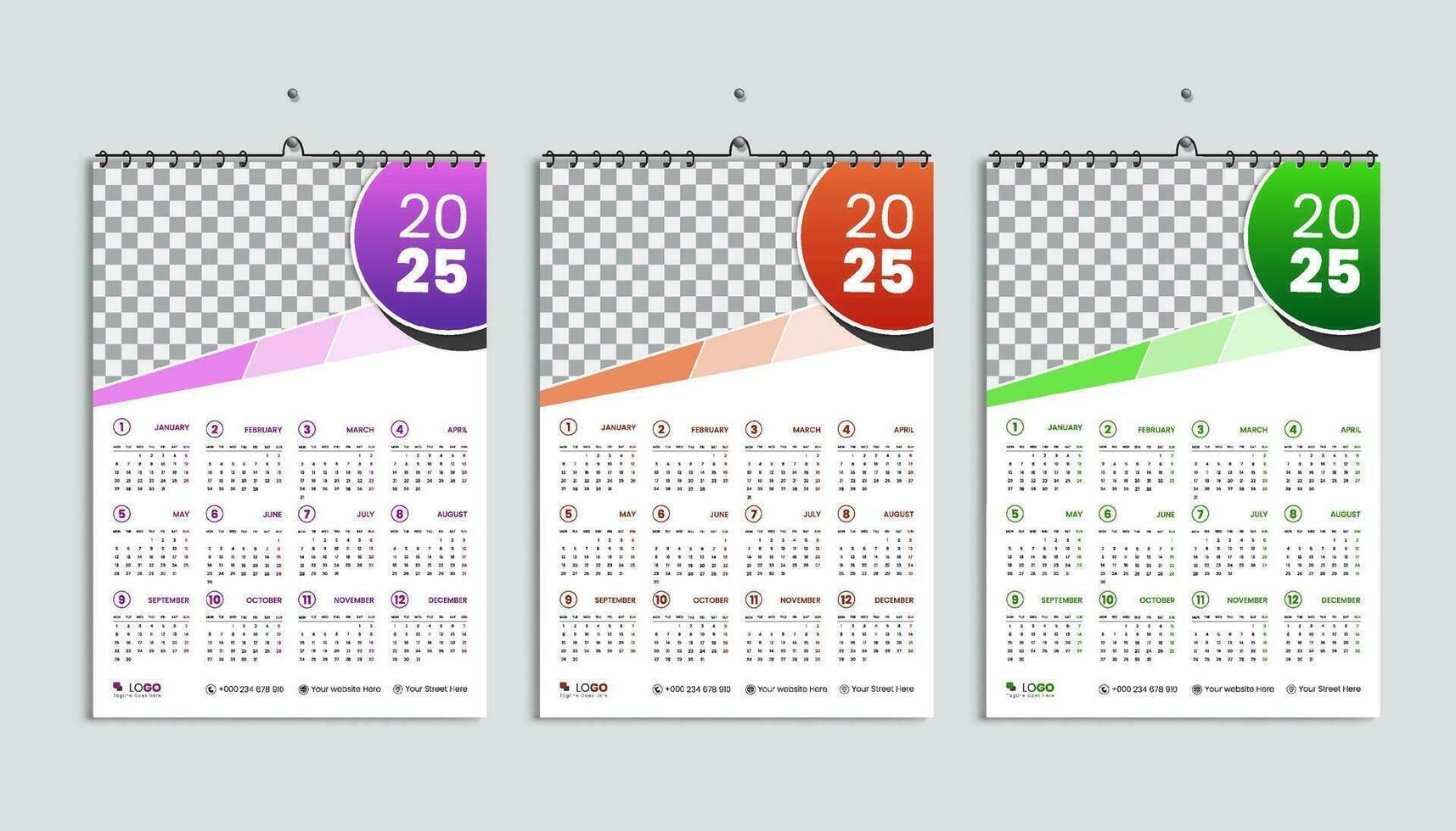 2025 année calendrier, la semaine départs de lundi, Facile et minimal calendrier vecteur disposition ensemble, Anglais annuel papeterie organisateur mur calendrier modèle 12 mois, violet, orange, vert couleurs paquet