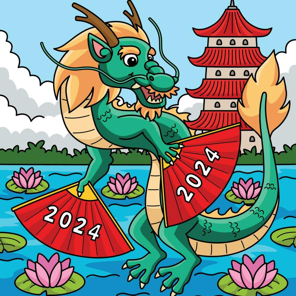 année de le dragon avec 2024 Ventilateurs coloré dessin animé vecteur