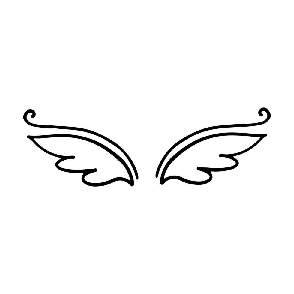 griffonnage ailes. dessin animé oiseau plume ailes, religieux ange ailes encre esquisser, noir tatouage silhouette. vecteur main tiré lame aile esquisser ensemble pour héraldique symbole emblème sur blanc Contexte