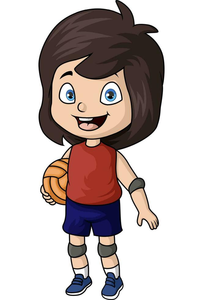 mignonne peu fille dessin animé en jouant basketball vecteur