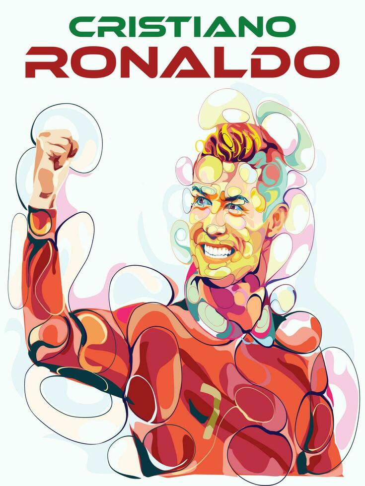 bulle illustration de Cristiano ronaldo sourire dans rouge Football Jersey tandis que élevage un main vecteur