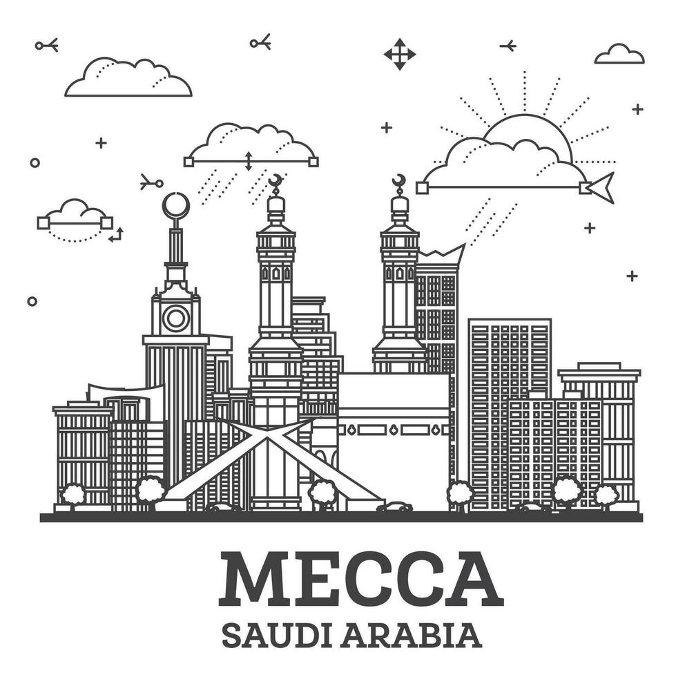 contour Mecque saoudien Saoudite ville horizon avec moderne et historique bâtiments isolé sur blanche. Mecque paysage urbain avec Repères. vecteur