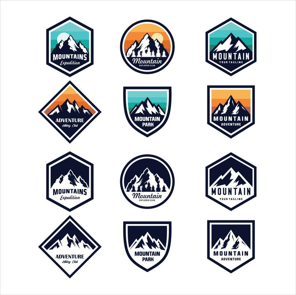 Montagne expédition emblèmes. en plein air Voyage Étiquettes, montagnes randonnée autocollant emblème et été camping insignes. vecteur
