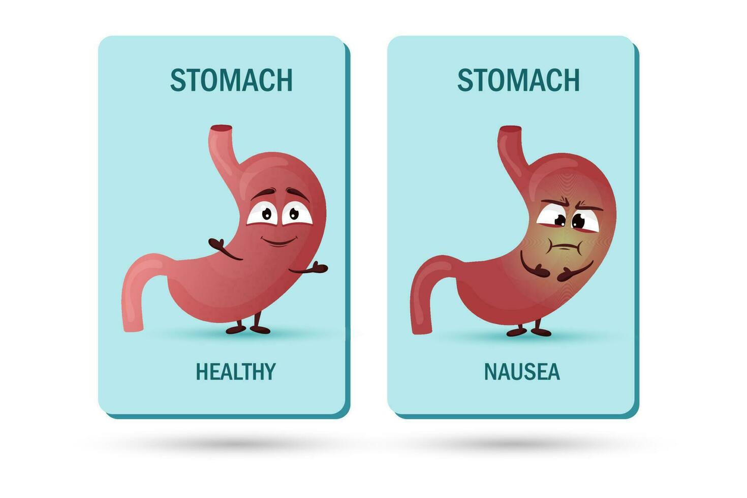 dessin animé estomac personnage. concept de en bonne santé et malade interne organe, la nausée et indigestion. vecteur illustration