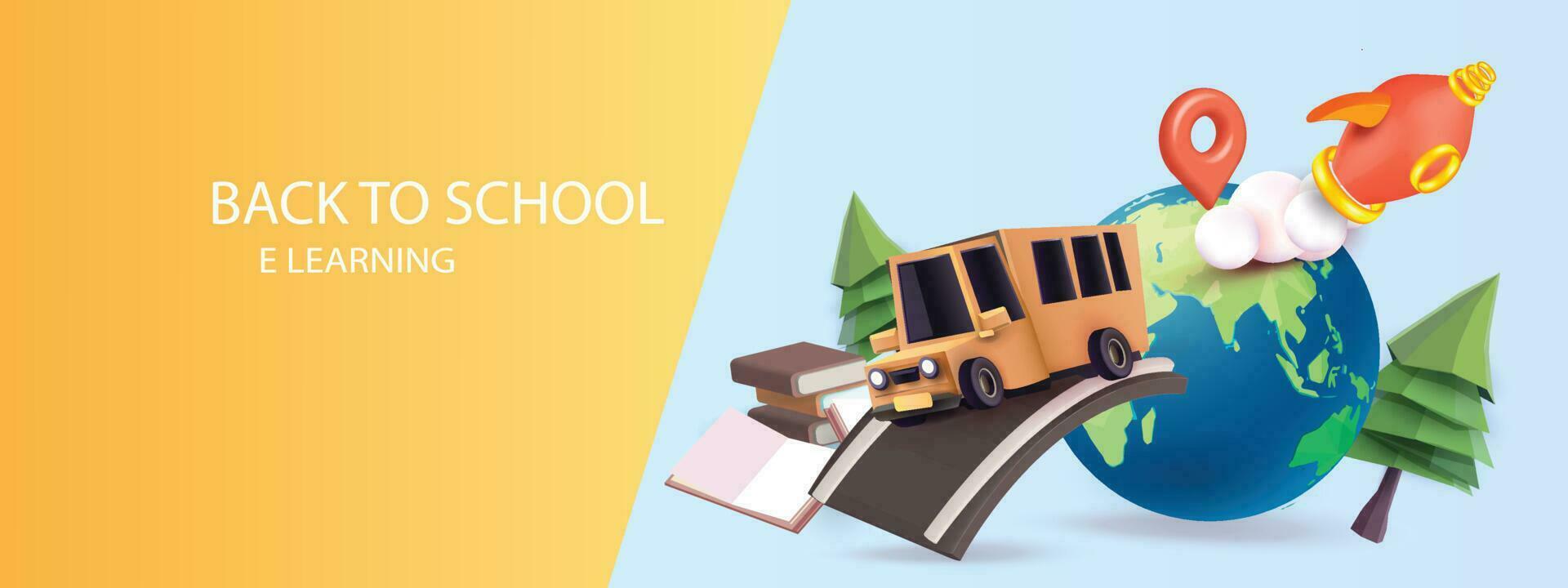 retour à école coloré avec école autobus Jaune et livre elearning vecteur illustation