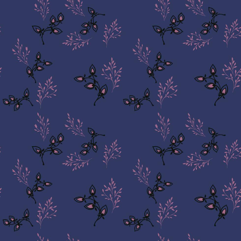 abstrait stylisé floral branches sans couture modèle. Facile minuscule feuilles branches sur une foncé bleu Contexte. vecteur main dessiné. conception pour mode, textile, tissu, fond d'écran, surface conception