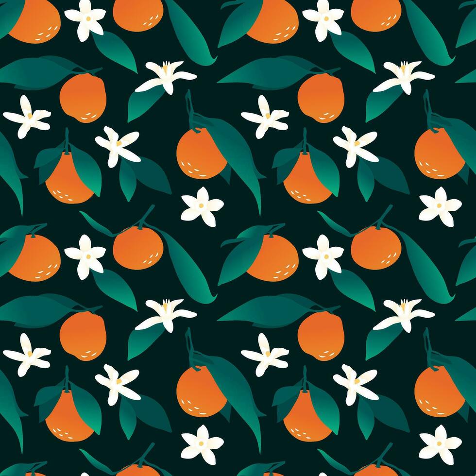 mandarines avec feuilles et fleurs sur une foncé vert Contexte. agrumes fruit. moderne sans couture modèle pour tissu, papier, décoration. vecteur