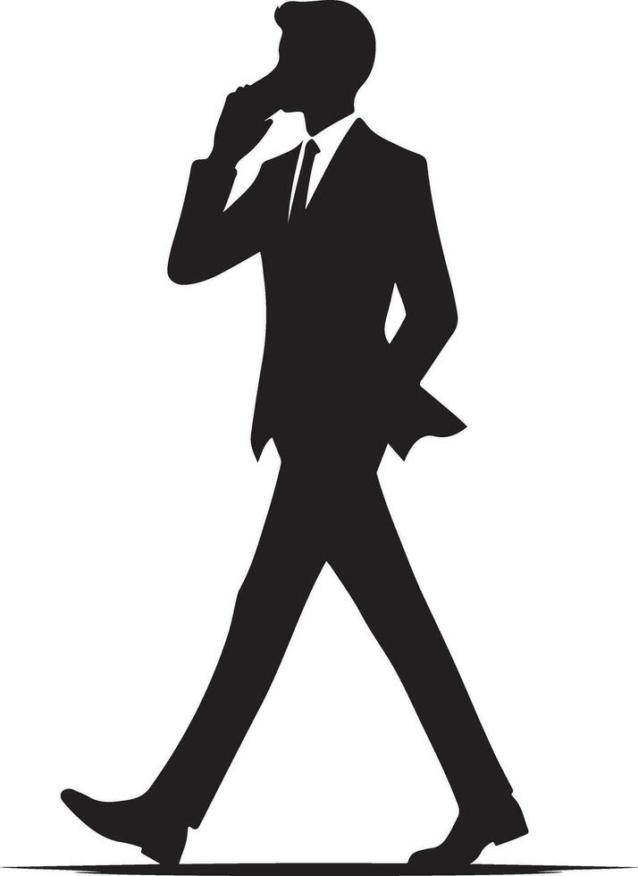 affaires homme parlant avec cellule téléphone et en marchant silhouette vecteur