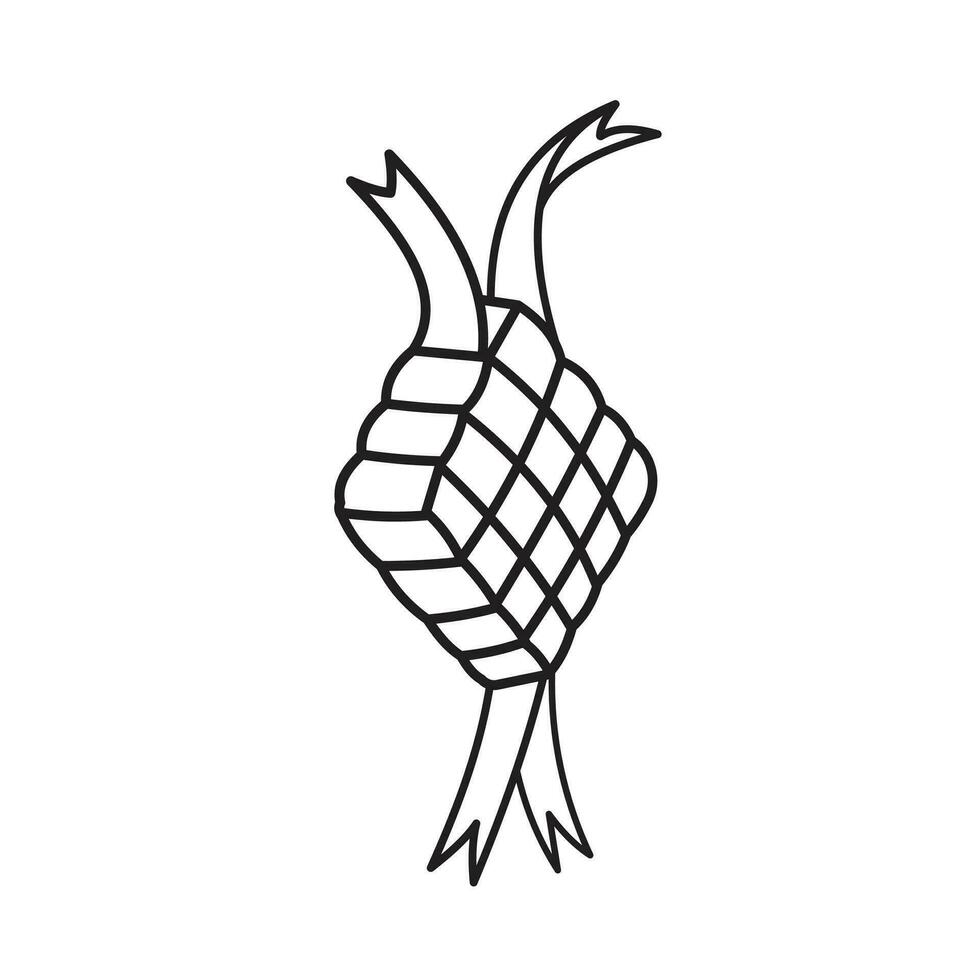 ketupat lebaran riz légèrement côté vue icône vecteur illustration contour isolé sur carré blanc Contexte. Facile plat noir et blanc monochrome minimaliste dessin animé art stylé dessin.