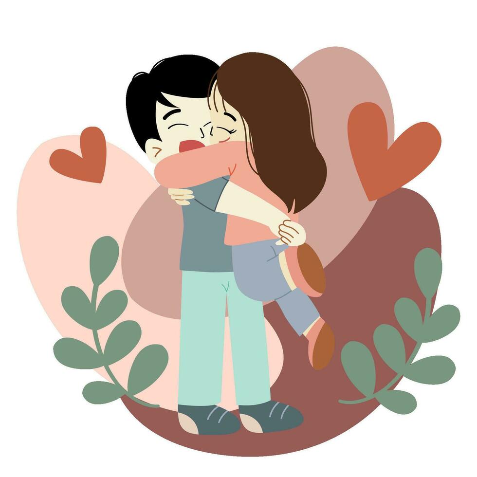 une homme et femme étreindre dans de face de une cœur couple amoureux Valentin vecteur illustration
