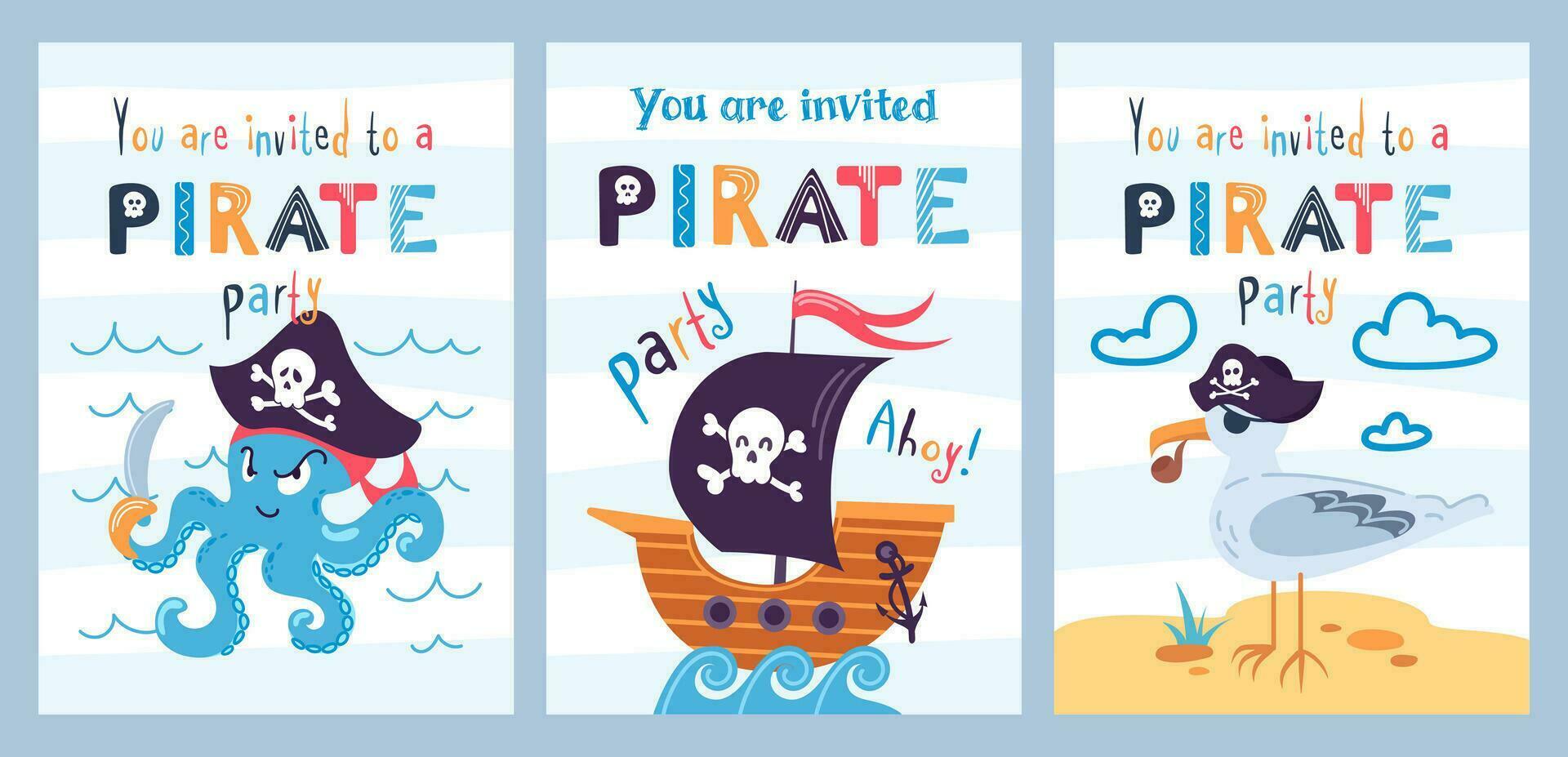 ensemble fête invitation modèle. dessin animé pirate bateau, mouette marin et pieuvre- voleur. noir drapeau, gai Roger. crâne et os. vecteur illustration pour Jeu conception, cartes, enfants planche jeu, livre