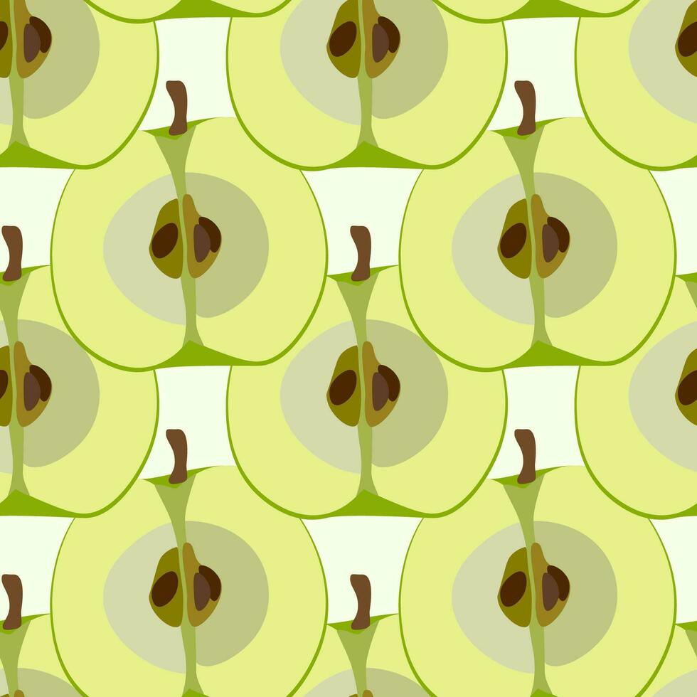 une moderne modèle avec gros Pomme Couper moitiés. vert, marron couleurs. lumière beige Contexte. pour textile, fond d'écran, emballage papier, menu vecteur