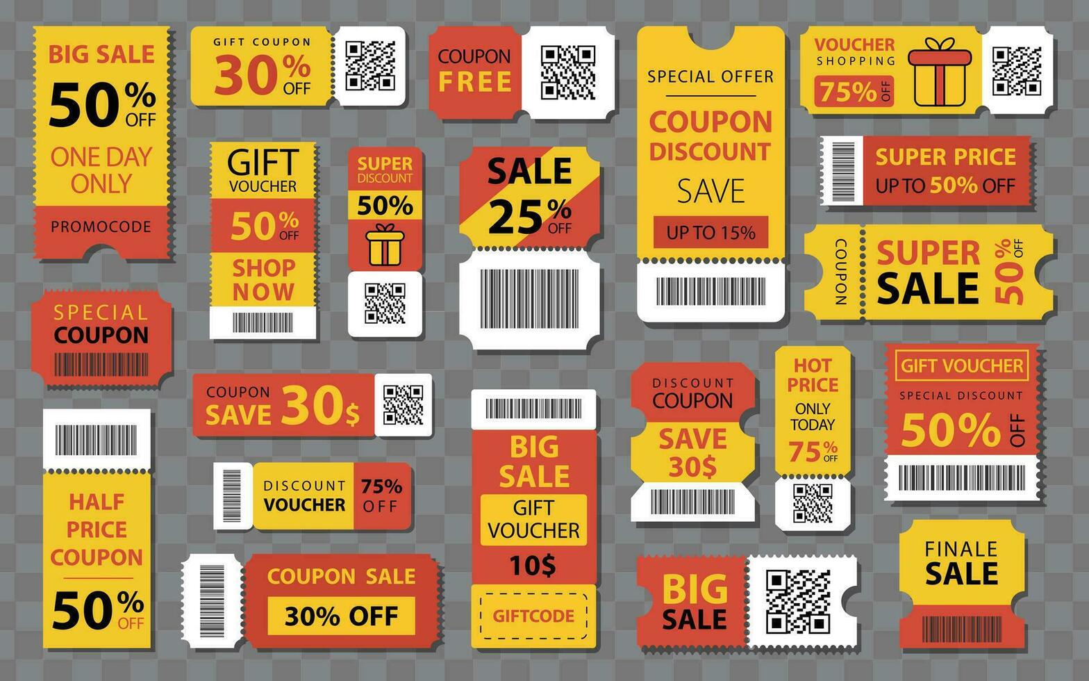 coupons rabais, cadeau pièces justificatives. divers coupon promotion ensemble. vecteur