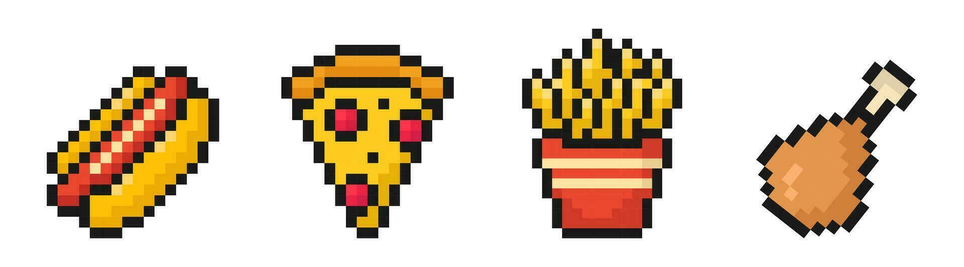 vite nourriture Icônes collection, pixel art ensemble, 8 bit, vieux arcade Jeu style, chaud chien, tranche de pizza, français frites, poulet jambe, vecteur illustration