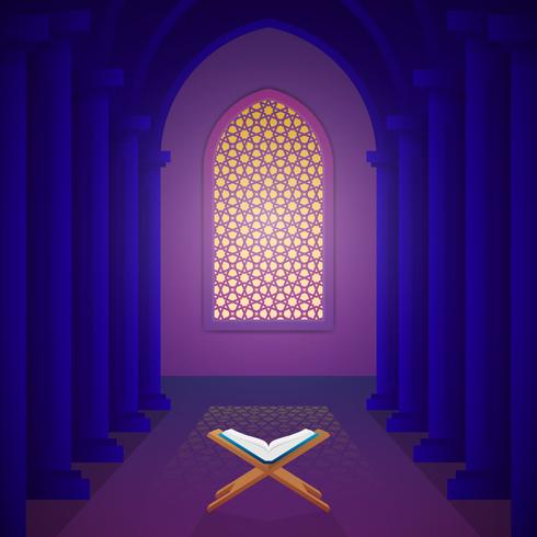Le livre sacré du coran sur le stand et illustration vectorielle intérieur de la mosquée vecteur