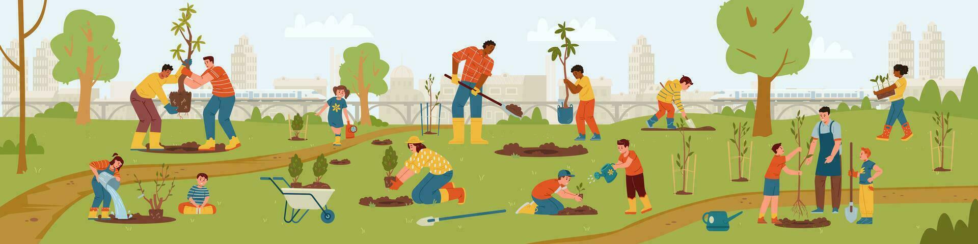 multiracial groupe de gens travail dans communauté jardin. adultes et des gamins plantation des arbres et des buissons en plein air vecteur horizontal bannière. différent gens porter des arbres, creusement, arrosage.