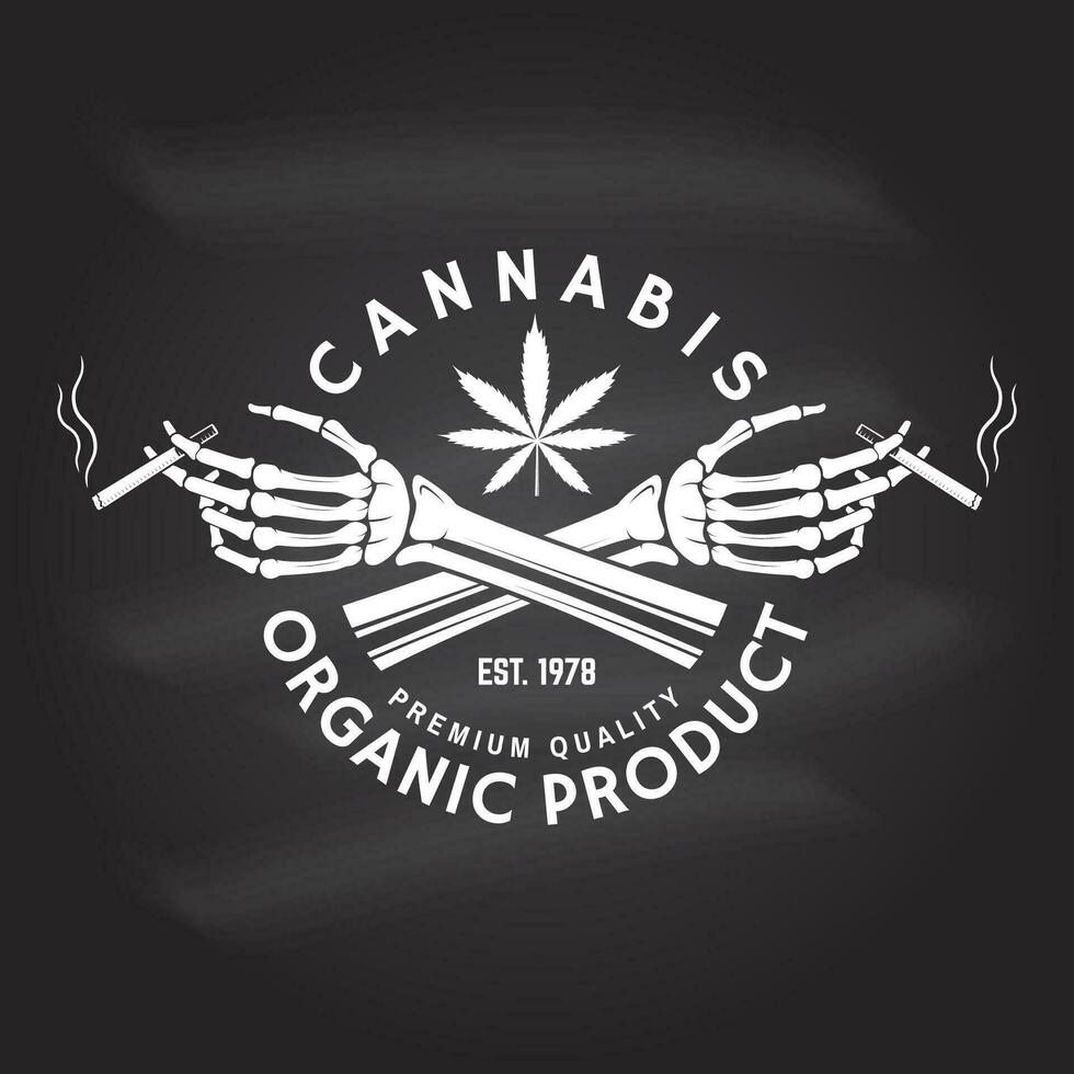 médical cannabis badge, étiquette avec squelette main, fumeur marijuana vecteur. ancien typographie logo conception avec cannabis, squelette main silhouette pour cannabis boutique, cannabis, marijuana livraison un service vecteur