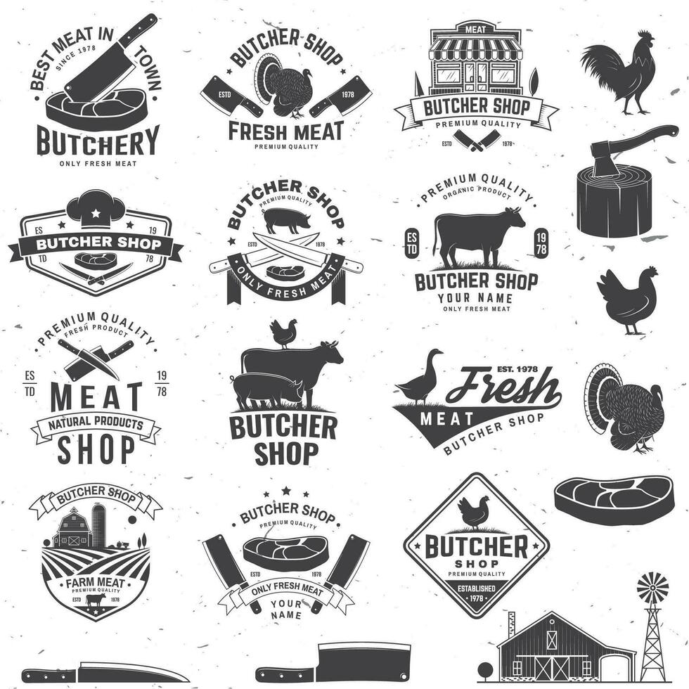 ensemble de Boucher magasin badge ou étiquette avec vache, bœuf, poulet. vecteur. ancien typographie logo conception avec vache, poulet silhouette. boucherie Viande boutique, marché, restaurant entreprise. vecteur