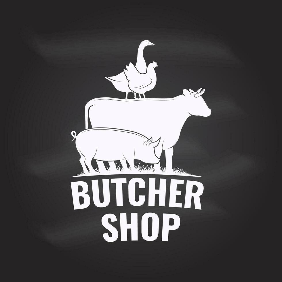 Boucher magasin badge ou étiquette avec vache, bœuf, porc, cochon, poulet. ancien typographie logo conception avec vache, bœuf, porc, cochon, poulet silhouette. boucherie Viande boutique, marché, restaurant entreprise. vecteur