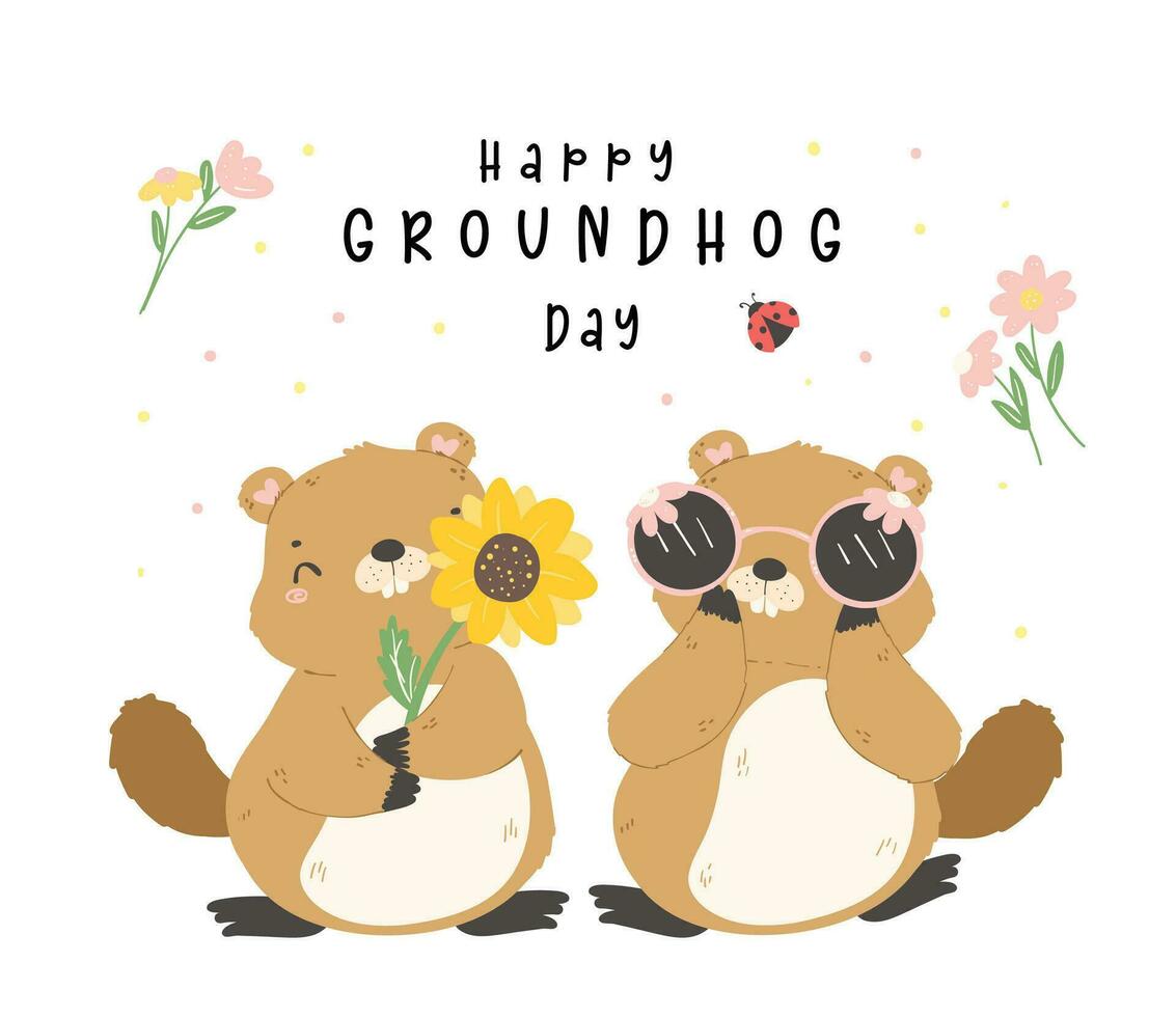 content marmotte journée avec de bonne humeur dessin animé marmottes célébrer de bonne heure printemps vecteur