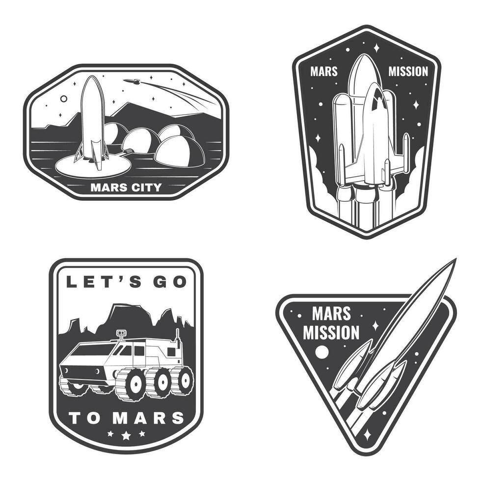 ensemble de espace mission logo, badge, correctif. vecteur concept pour chemise, imprimer, timbre. ancien typographie conception avec espace fusée, Mars vagabond et ville sur Mars silhouette