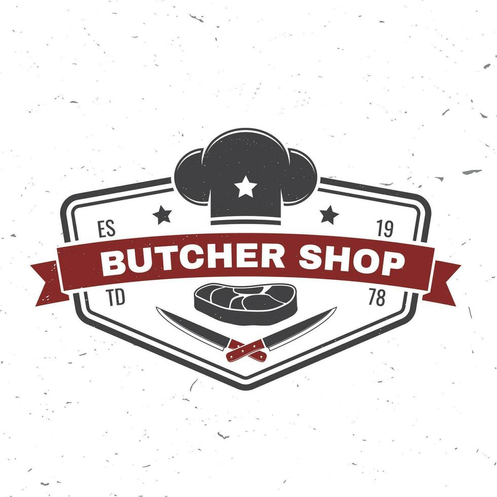 Boucher Viande magasin badge ou étiquette avec steak, chef chapeau, cuisine couteau. vecteur. ancien typographie logo conception avec steak, chef chapeau, cuisine couteau silhouette. Viande boutique, marché, restaurant vecteur