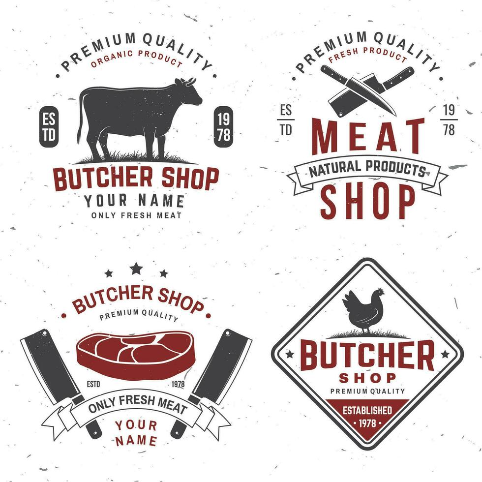 ensemble de Boucher magasin badge ou étiquette avec vache, bœuf, poulet. vecteur. ancien typographie logo conception avec vache, poulet silhouette. boucherie Viande boutique, marché, restaurant entreprise. vecteur