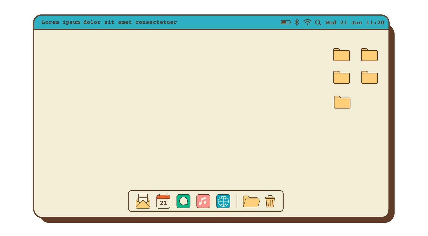 minimal ancien rétro vibe nostalgique os avec menu bar, Dossiers et Dock avec app Icônes. vieux façonné ordinateur bureau. vecteur plat style illustration.