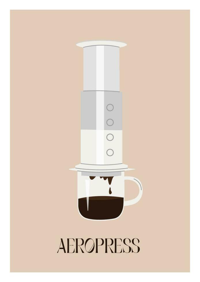 branché minimaliste affiche avec aeropress et chaud fraîchement brassée spécialité café dans une Coupe. contemporain Facile impression avec artisanat café fabricant. alternative café brassage méthodes. vecteur illustration.