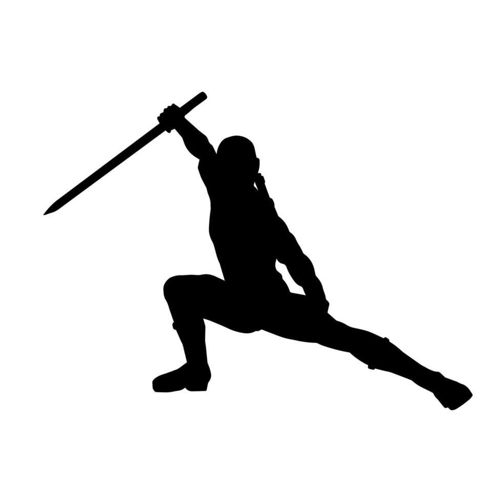 silhouette de une Masculin guerrier dans action pose avec épée arme. silhouette de une homme combattant porter épée arme. vecteur