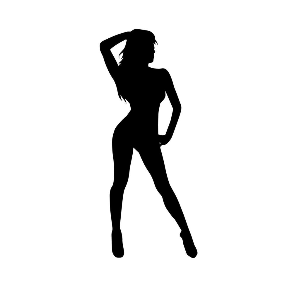 silhouette de une Jeune svelte femelle modèle dans serré tenue. silhouette de une svelte femme dans féminin pose. vecteur