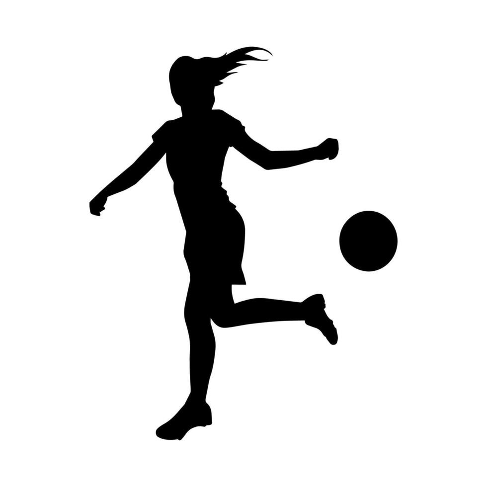 silhouette de une femelle football joueur coups de pied une balle. silhouette de une Football joueur femme dans action pose. vecteur