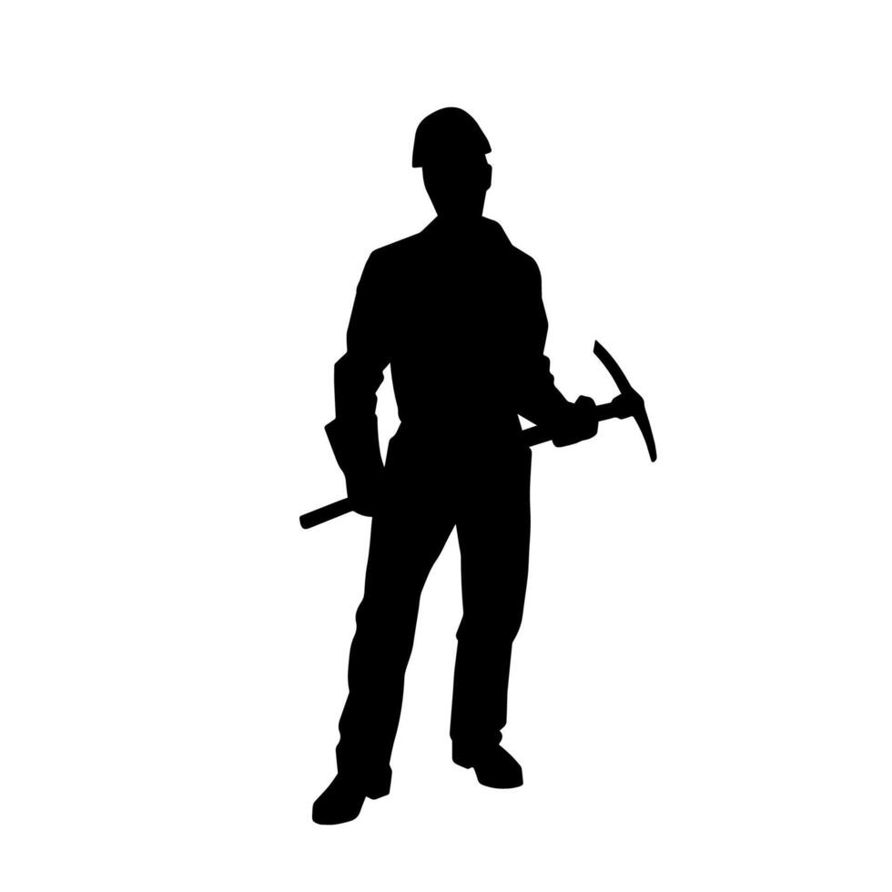 silhouette de une homme dans ouvrier costume porter choisir hache outil dans action pose. vecteur