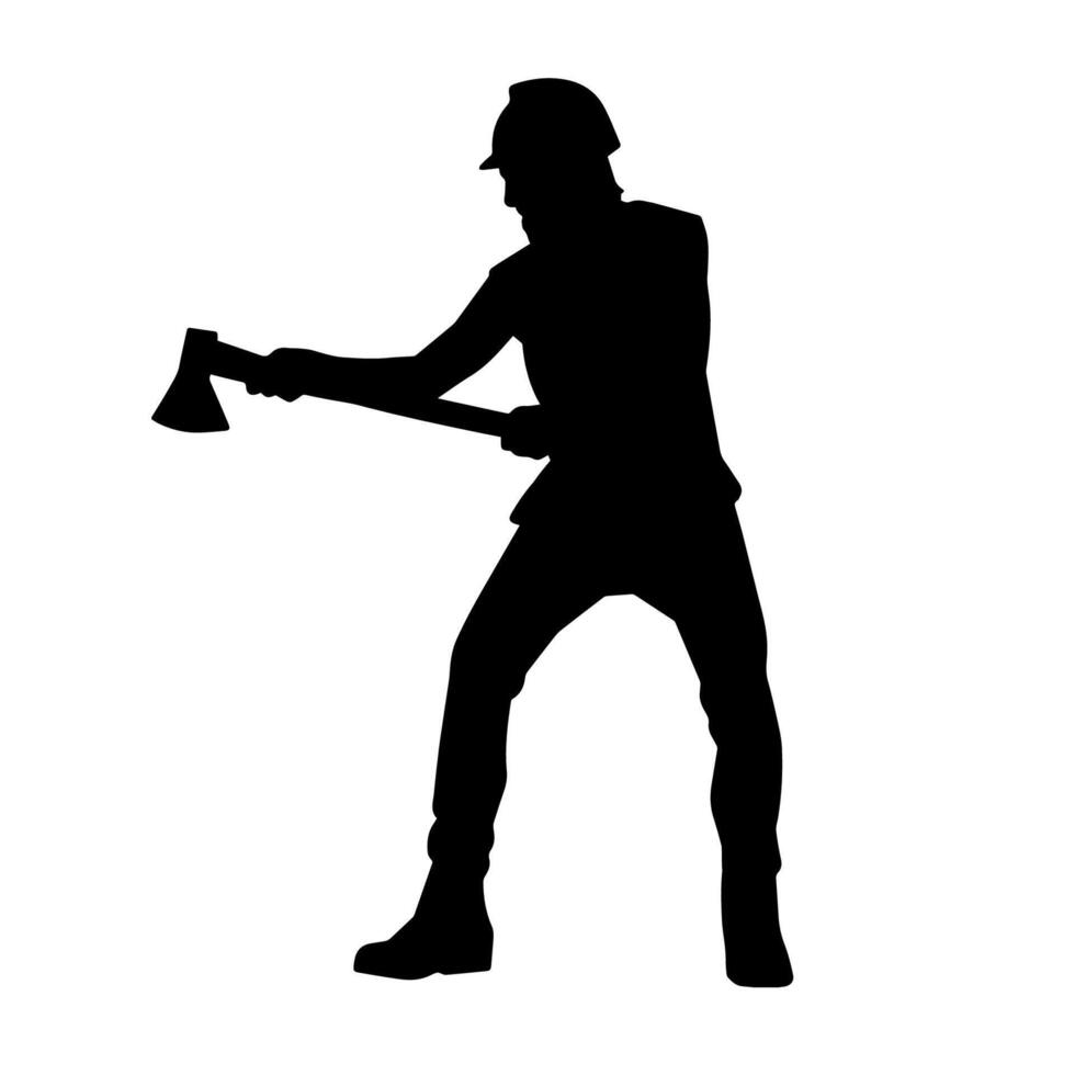 silhouette de une ouvrier dans action pose en utilisant le sien hache outil. vecteur