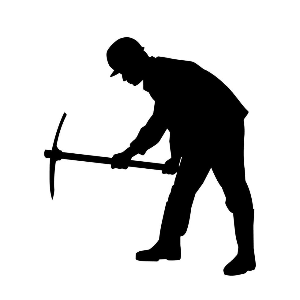 silhouette de une homme dans ouvrier costume porter choisir hache outil dans action pose. vecteur
