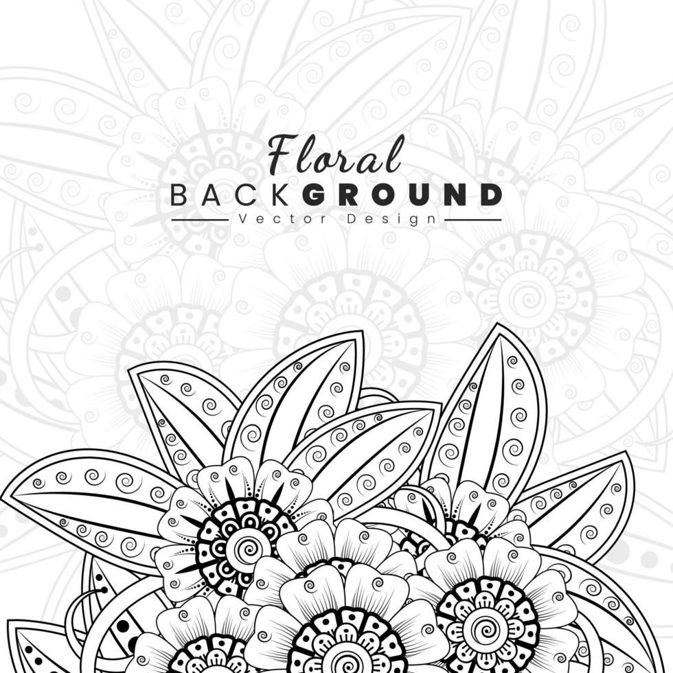 fond avec des fleurs de mehndi. lignes noires sur fond blanc. modèle de bannière ou de carte vecteur