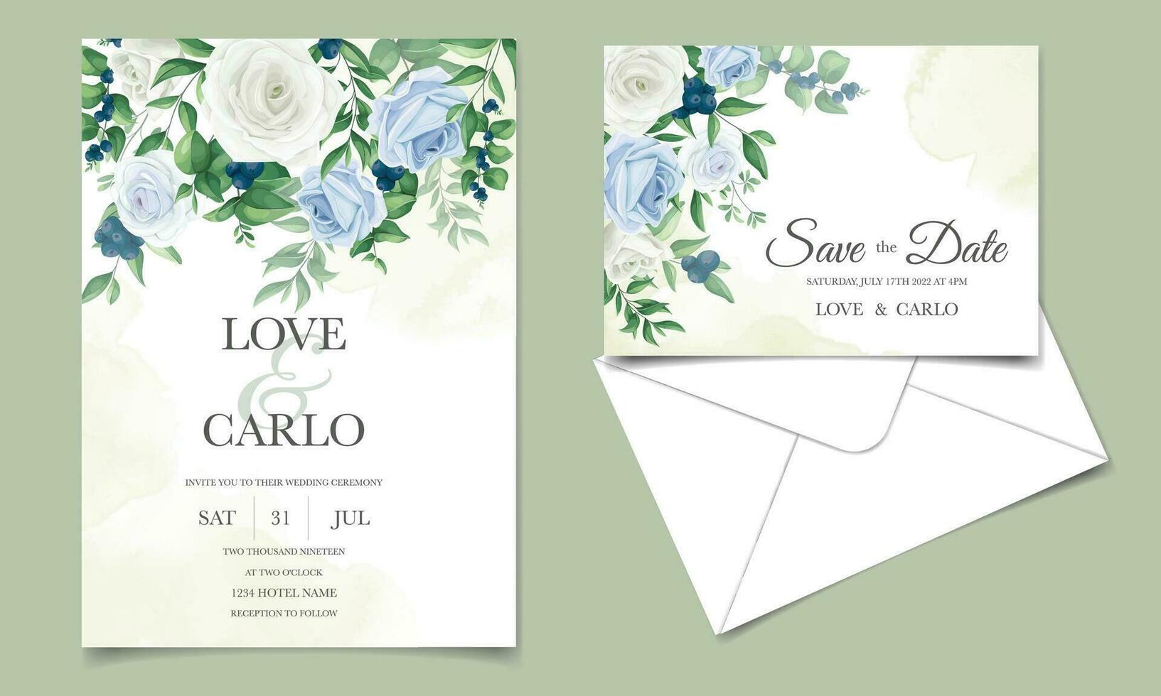 élégant mariage invitation carte avec verdure feuilles et myrtilles vecteur