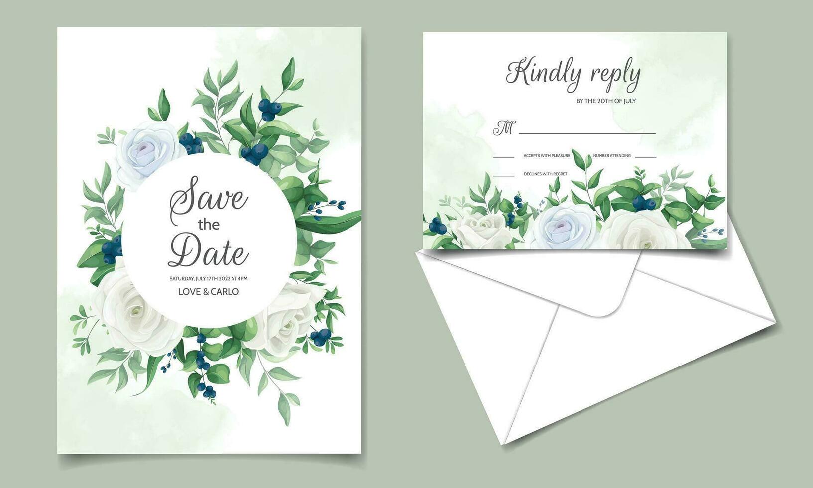 élégant mariage invitation carte avec verdure feuilles et myrtilles vecteur