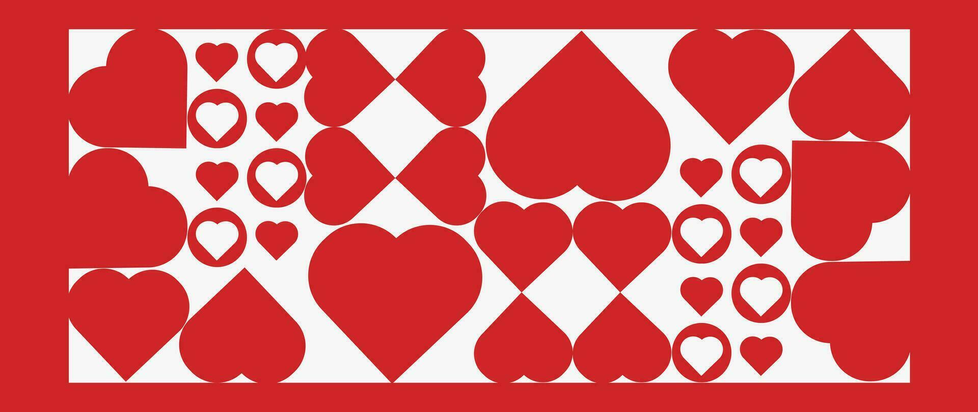 content valentines journée rouge Contexte vecteur. romantique symbole fond d'écran de géométrique forme modèle, rouge cœur en forme de icône. l'amour illustration pour salutation carte, la toile bannière, emballer, couverture, farbique. vecteur