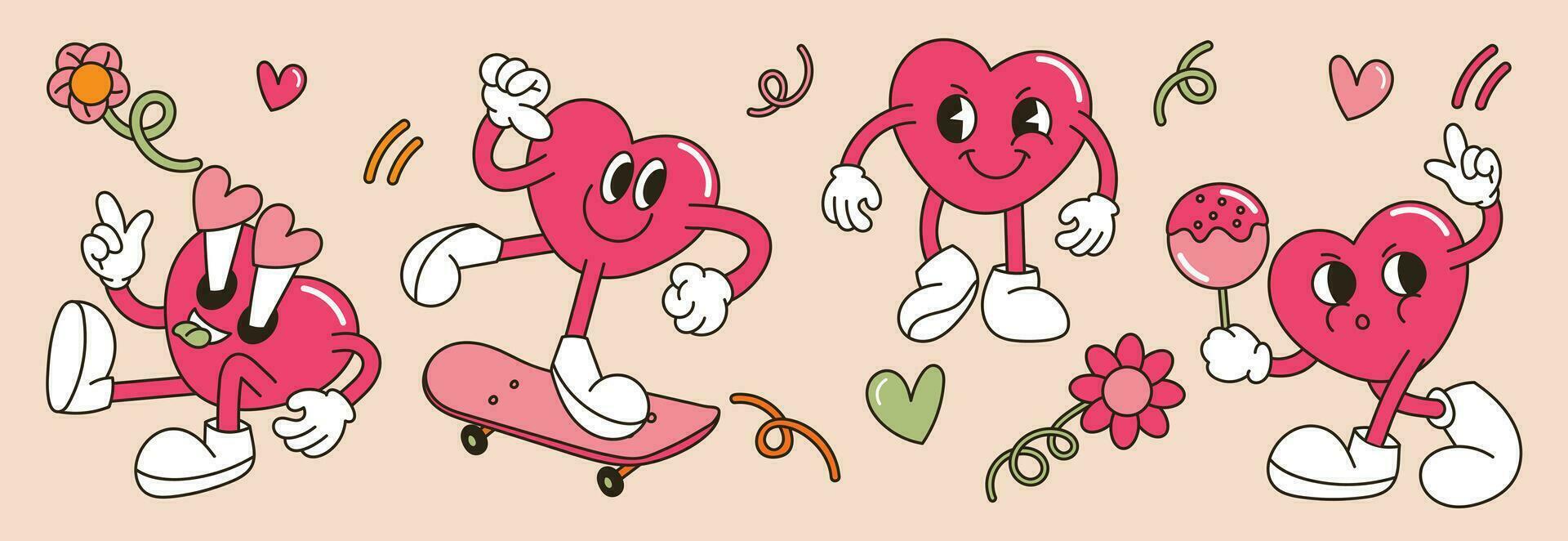 sensationnel Valentin personnage vecteur ensemble. mignonne bande dessinée hippie collection de cœur en forme de dessin animé avec différent pose, planche à roulette, bonbons, fleurs. conception pour Valentin carte, décoratif, autocollant, imprimer.