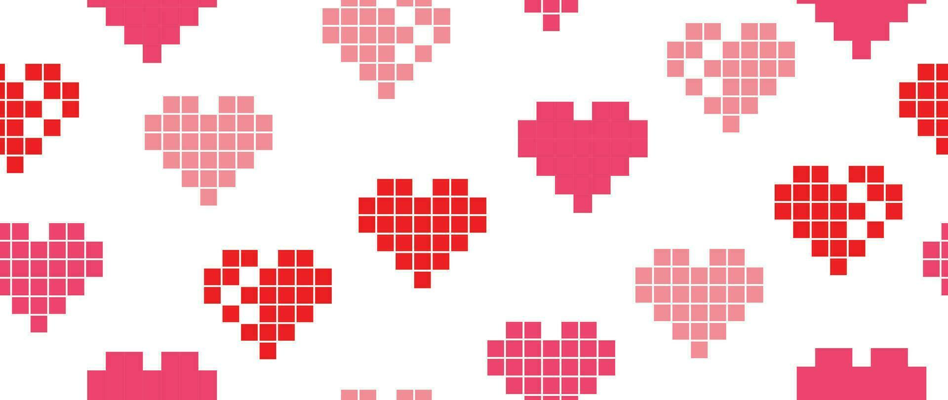 content valentines journée pixel art Contexte vecteur. romantique symbole fond d'écran de rose et rouge pixel cœurs dans sans couture modèle. l'amour illustration pour salutation carte, la toile bannière, tissu, emballer, couverture. vecteur