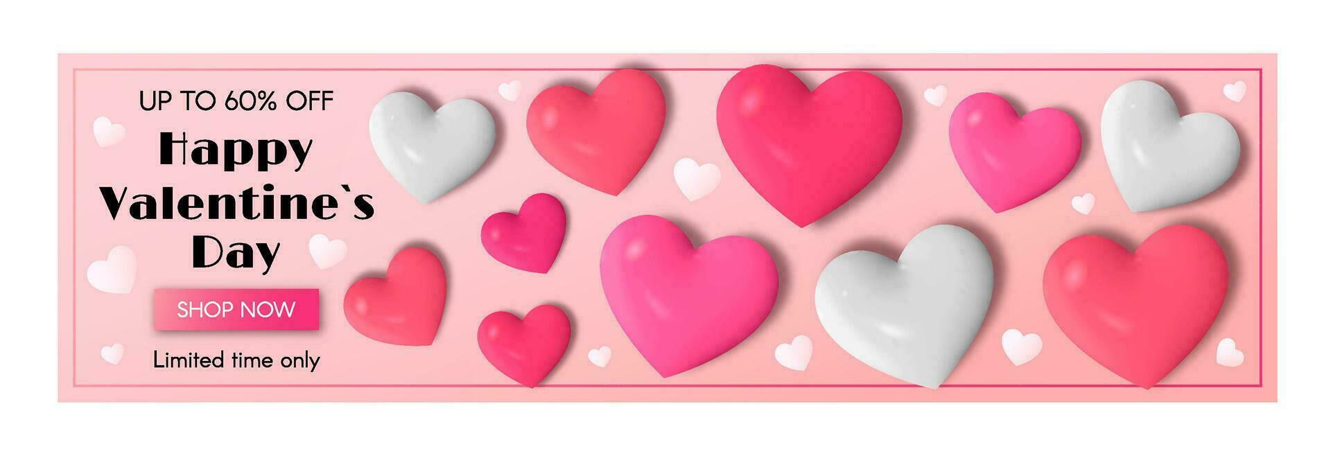 content la Saint-Valentin journée longue horizontal bannière avec 3d cœurs. vente promotion. vecteur moderne illustration