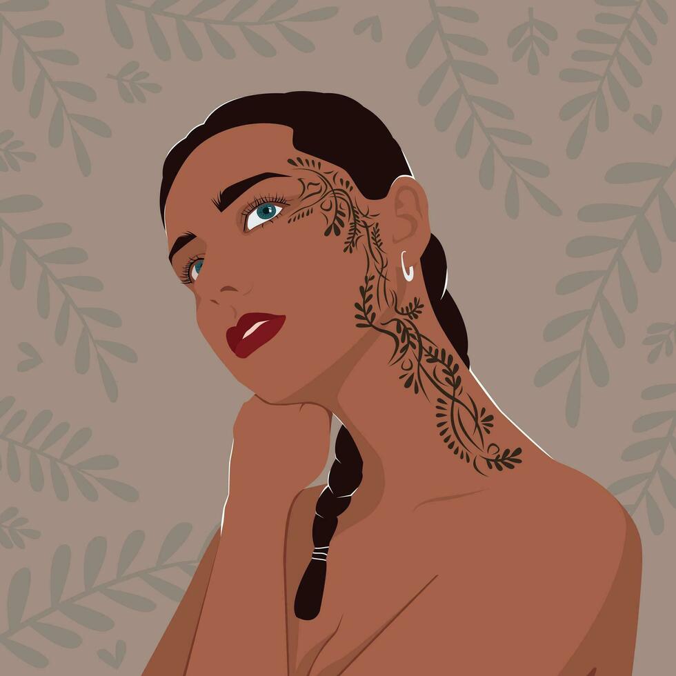 adobe illustrateur oeuvre d'artportrait de une femme avec une tatouage sur sa affronter. moderne mode illustration. vecteur