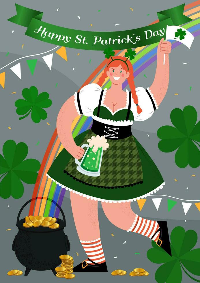 content st. patrick journée verticale affiche. femme les boissons boisson et a amusement. vecteur plat illustration.