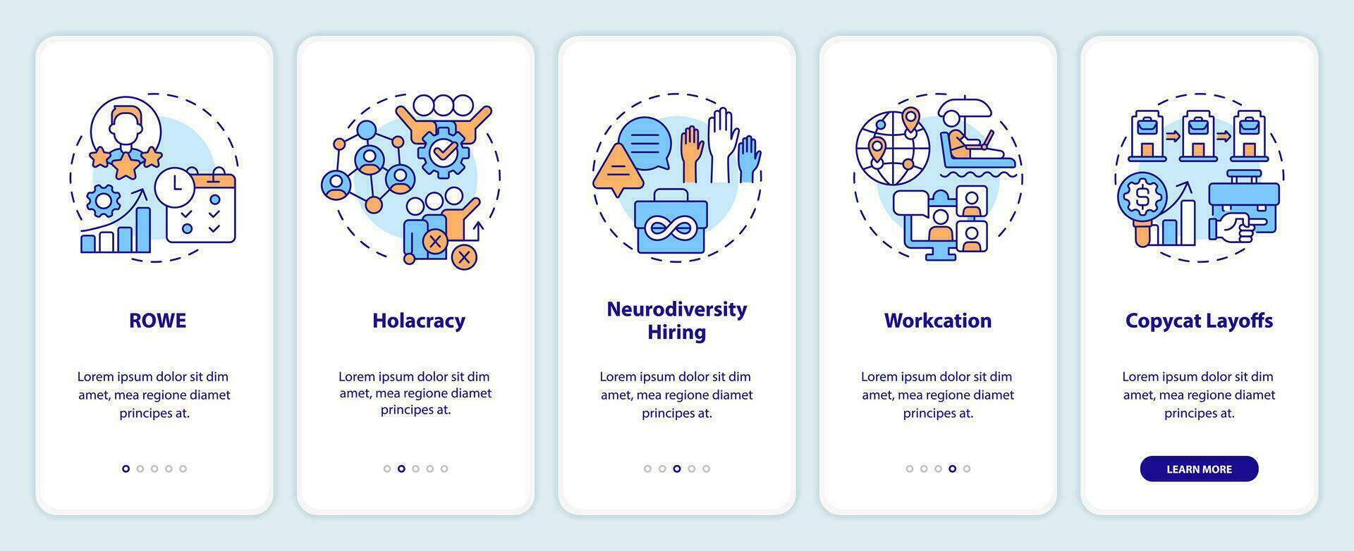 2d Icônes représentant innovant approches et la gestion stratégies mobile app écran ensemble. procédure pas à pas 5 pas multicolore graphique instructions avec linéaire Icônes concept, interface utilisateur, ux, gui modèle. vecteur