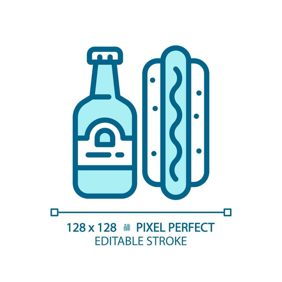 casse-croûte lumière bleu icône. américain Football correspondre. vite aliments. Hot-dog et bière. Football aliments. barbecue faire la fête. rgb Couleur signe. Facile conception. la toile symbole. contour doubler. plat illustration. isolé objet vecteur